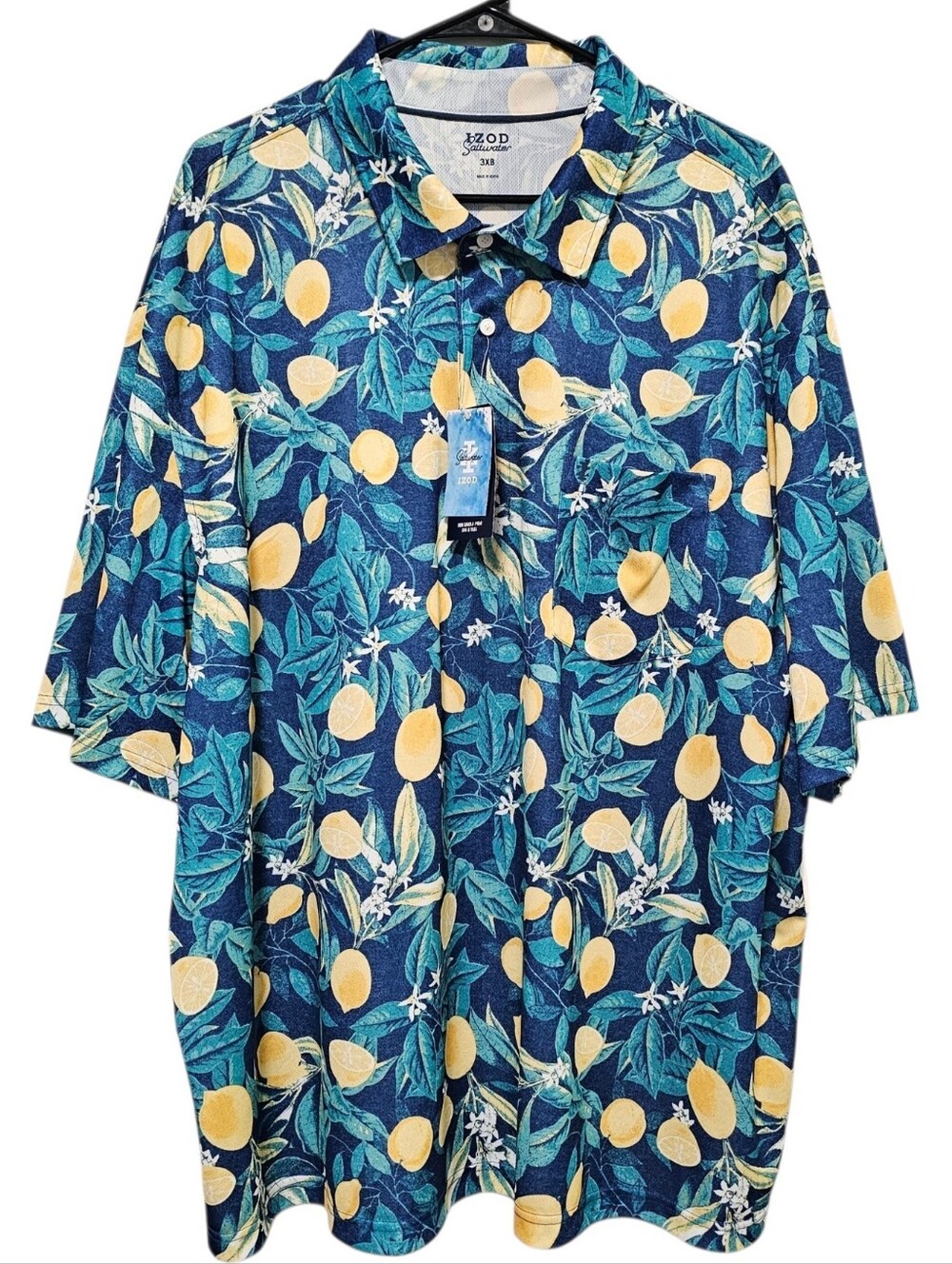 Izod Saltwater Men's True Blue Lemon Print Sun Shield Performance Polo Size 3XB